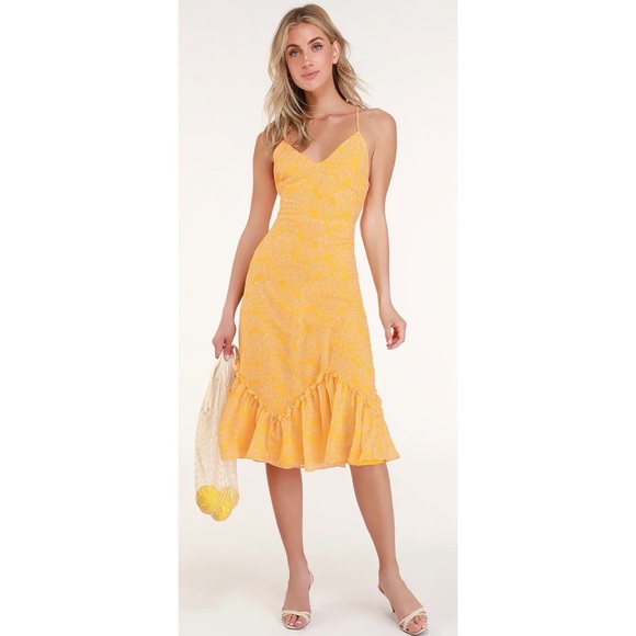 Lulus Dresses & Skirts - Lulu’s Flirty Fleurs Yellow Floral Daisy Print Midi Dress Size Large